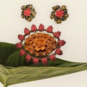 Vintage Orange Carved Celluloid Flowers Leaves Seed Pearls Brooch And Earrings.